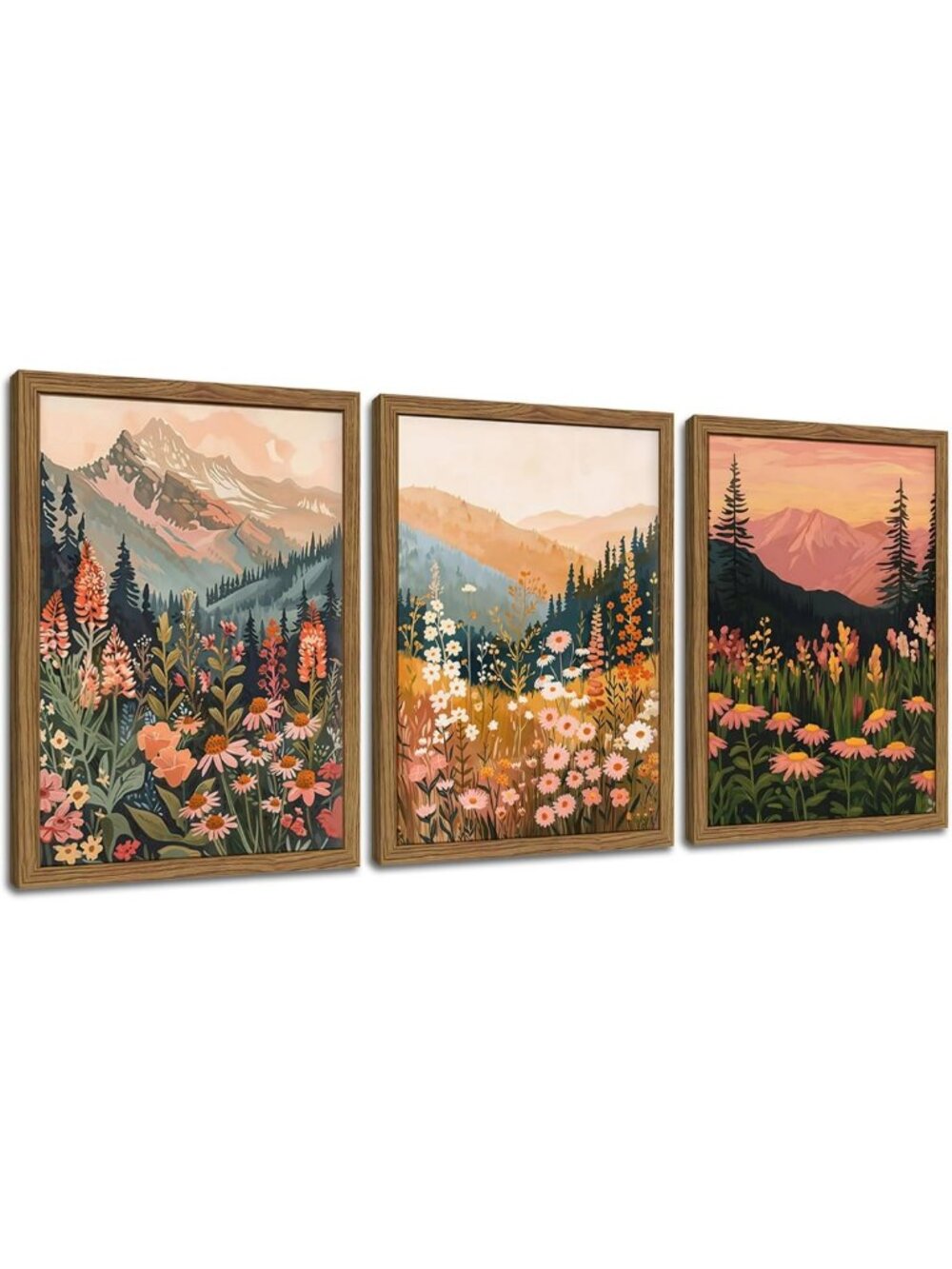 Boho Colorful Wildflower Mountain Wall Art - Vintage Floral Canvas Print 16x24